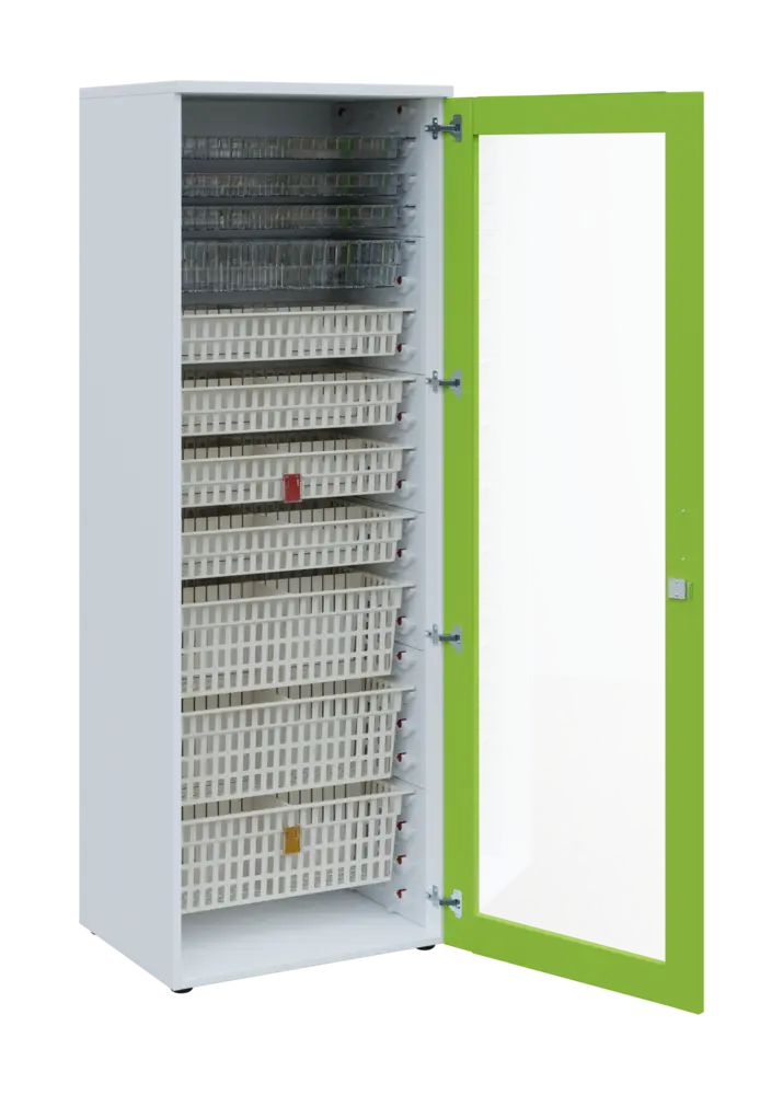 EUROMEDICA S - 66 skříň léková boxová, 1-dveřová/prosklená, pravá, 1950x660x535, korpus bílý, dvířka jarní zeleň